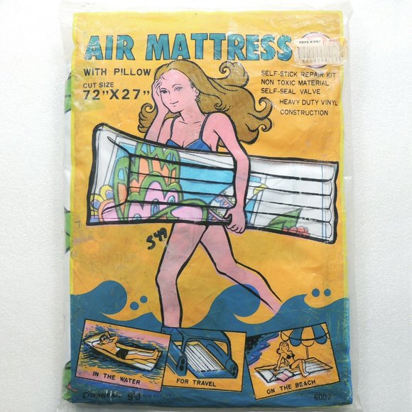 Vintage Vinyl Pool Air Mattress & Pillow Set 72" x 27" Non-Toxic - Picture 1 of 2